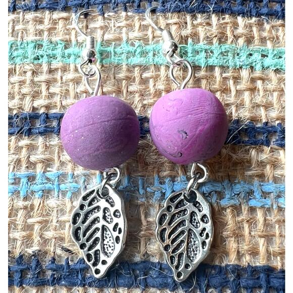 Handmade Silver Leaf and Purple Bead Dangle Earrings Artisan Jewelry 2.25" Long - Picture 2 of 3